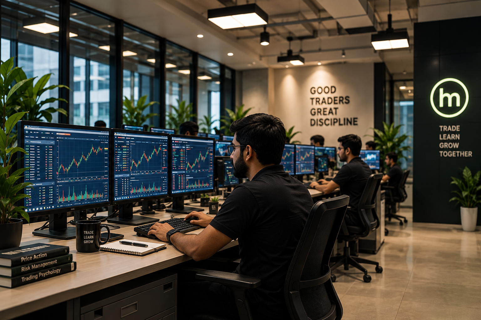 Professional trading floor with multiple trading screens